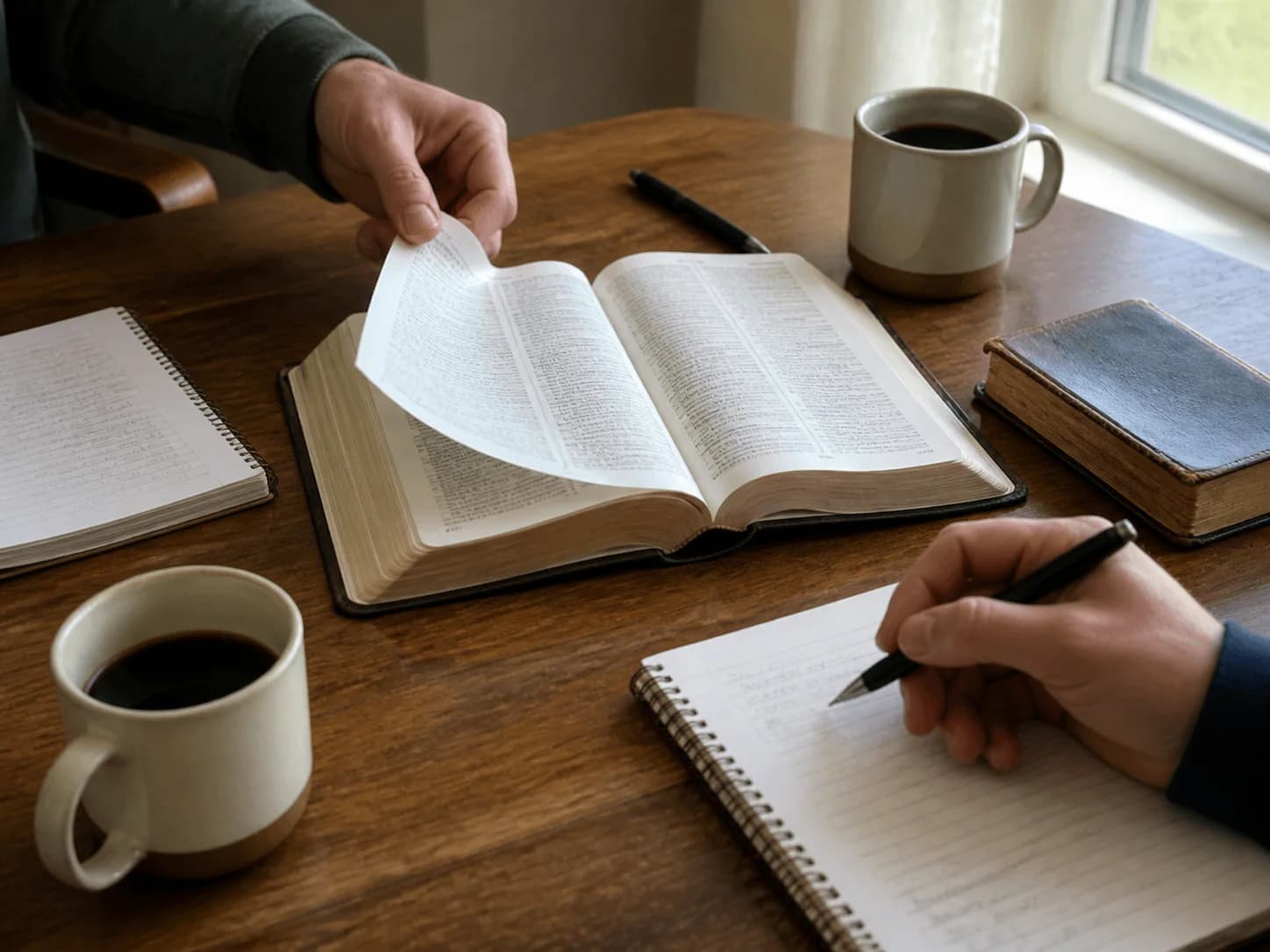 People gathered around a table studying Scripture together