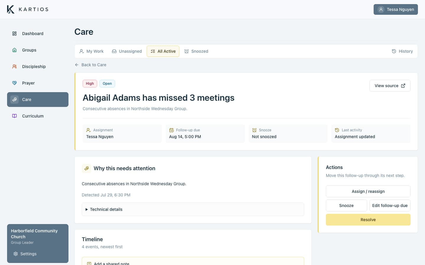 Detailed care action with assignment, follow-up due date, shared notes, source context, and timeline