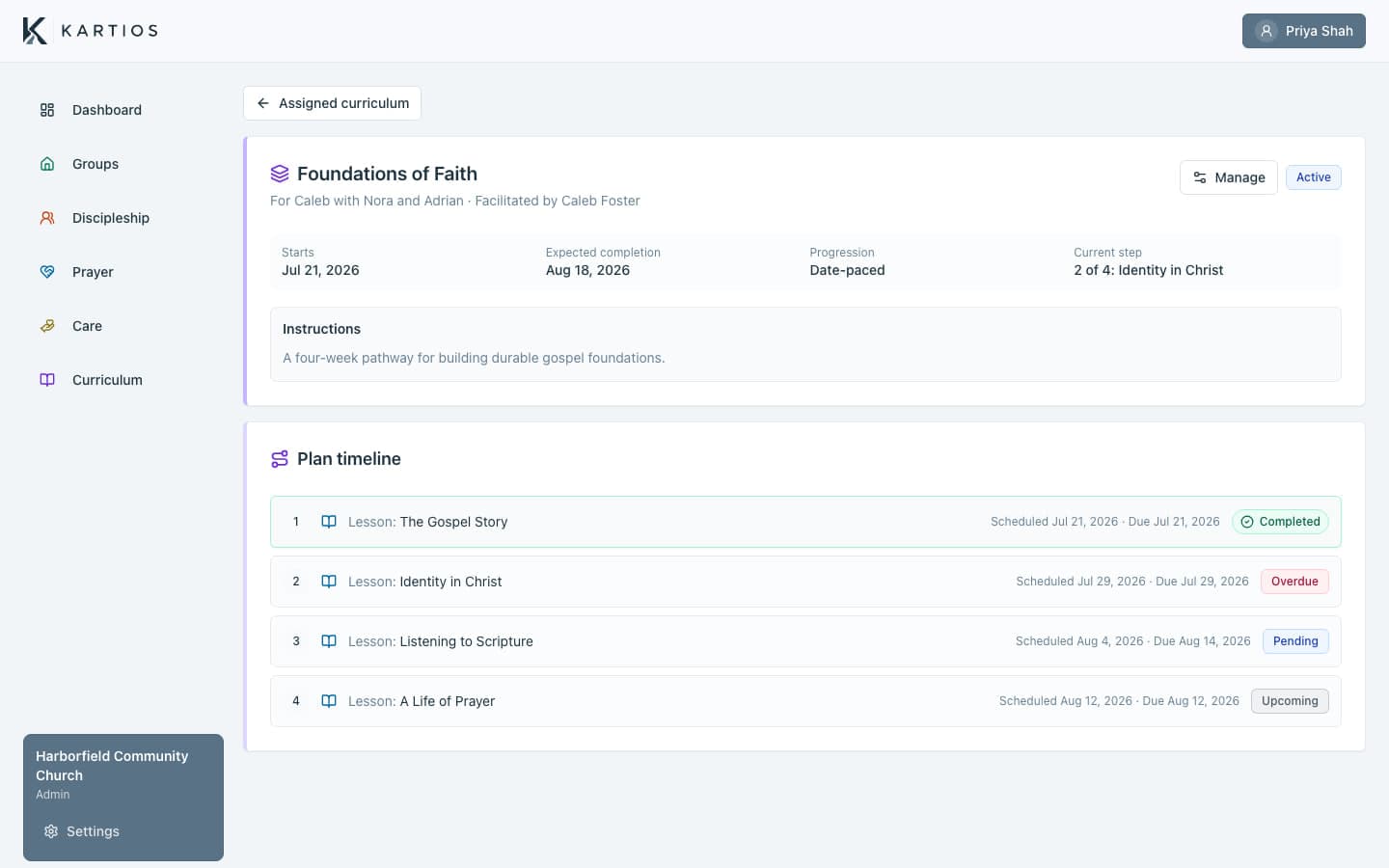 Foundations of Faith assigned-plan timeline with completed, pending, overdue, and upcoming work