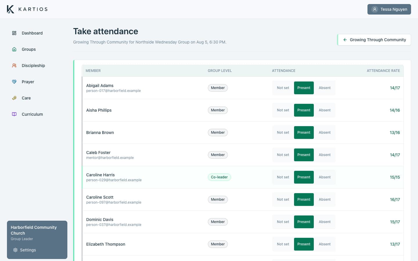 Northside meeting attendance screen with present, absent, and not-set states